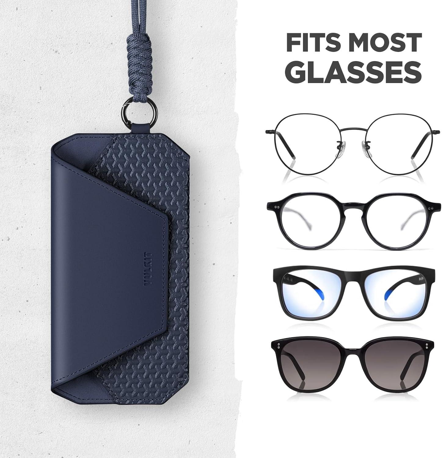image:imageVULKIT Portable Leather Eye Glasses Case for Women amp Men Slim Sunglass Case Unisex Eyeglass CaseInk Navy With Lanyard