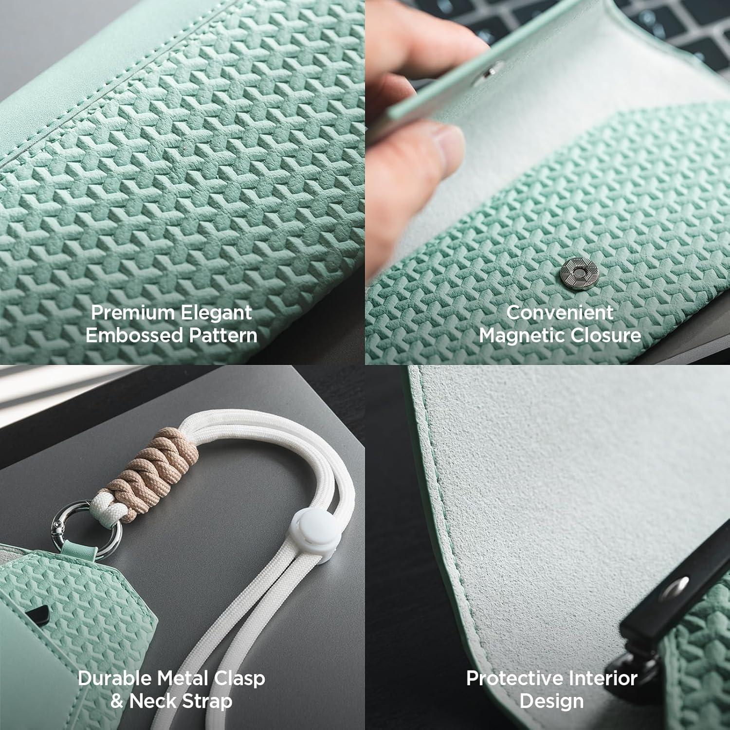 image:imageVULKIT Portable Leather Eye Glasses Case for Women amp Men Slim Sunglass Case Unisex Eyeglass CaseMint Green With Lanyard