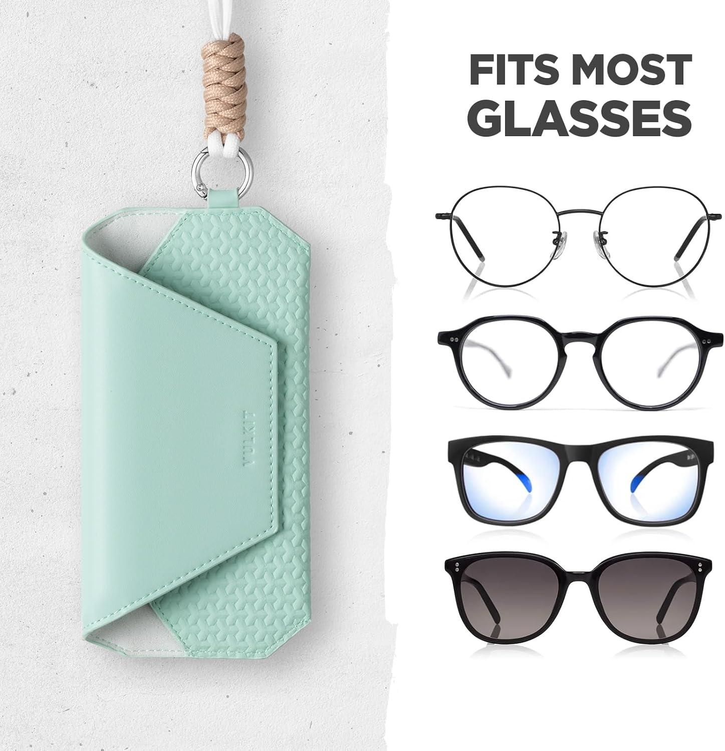 image:imageVULKIT Portable Leather Eye Glasses Case for Women amp Men Slim Sunglass Case Unisex Eyeglass CaseMint Green With Lanyard