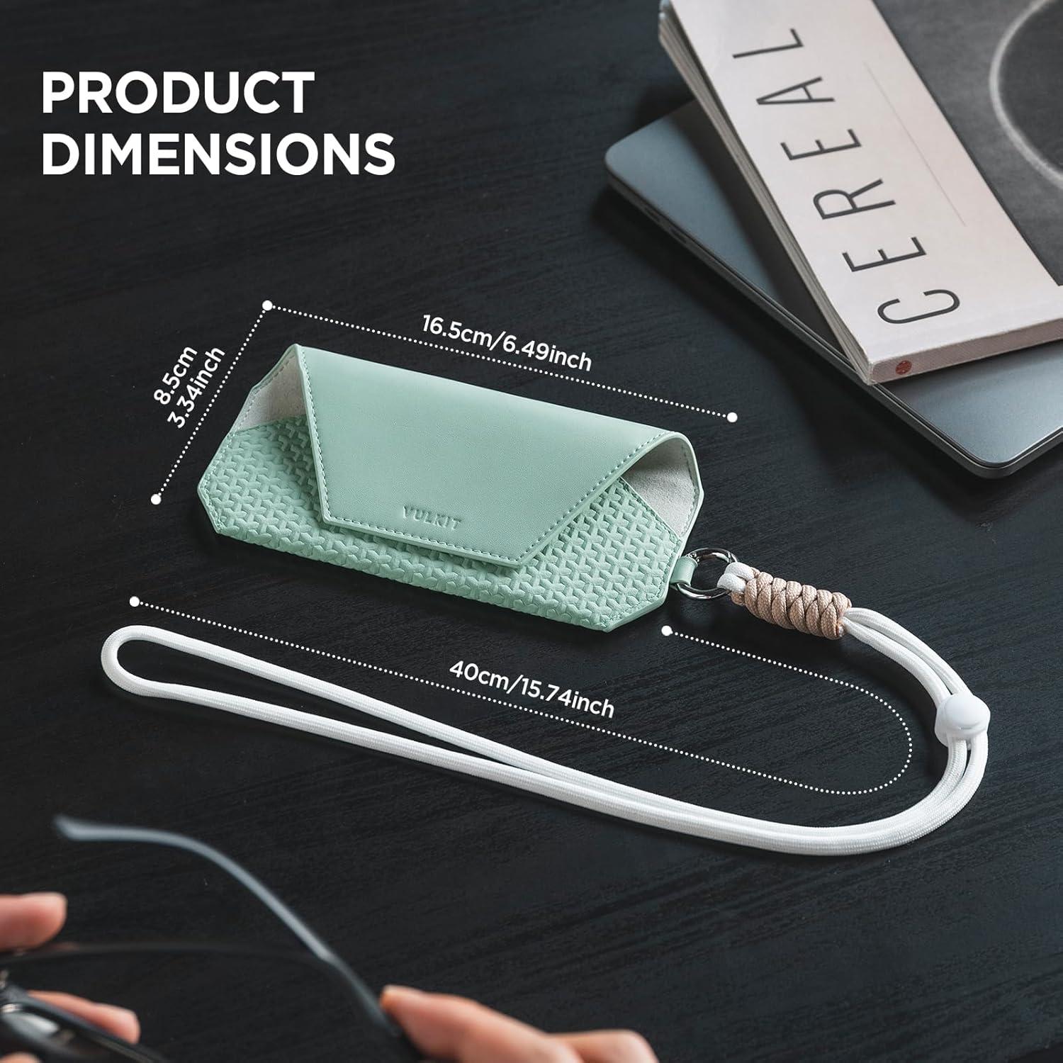 image:imageVULKIT Portable Leather Eye Glasses Case for Women amp Men Slim Sunglass Case Unisex Eyeglass CaseMint Green With Lanyard