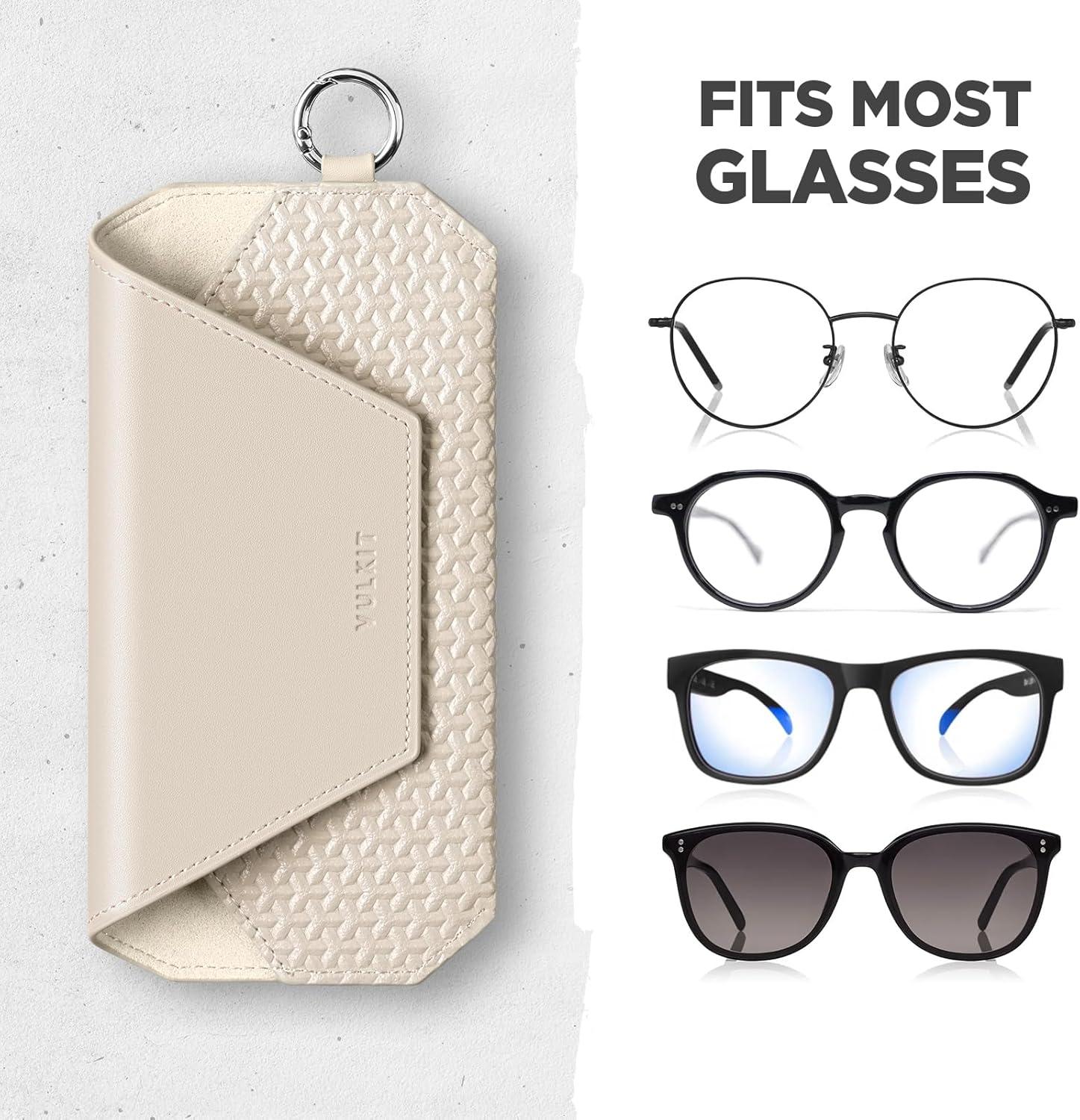 image:imageVULKIT Portable Leather Eye Glasses Case for Women amp Men Slim Sunglass Case Unisex Eyeglass CaseMoonstone Beige