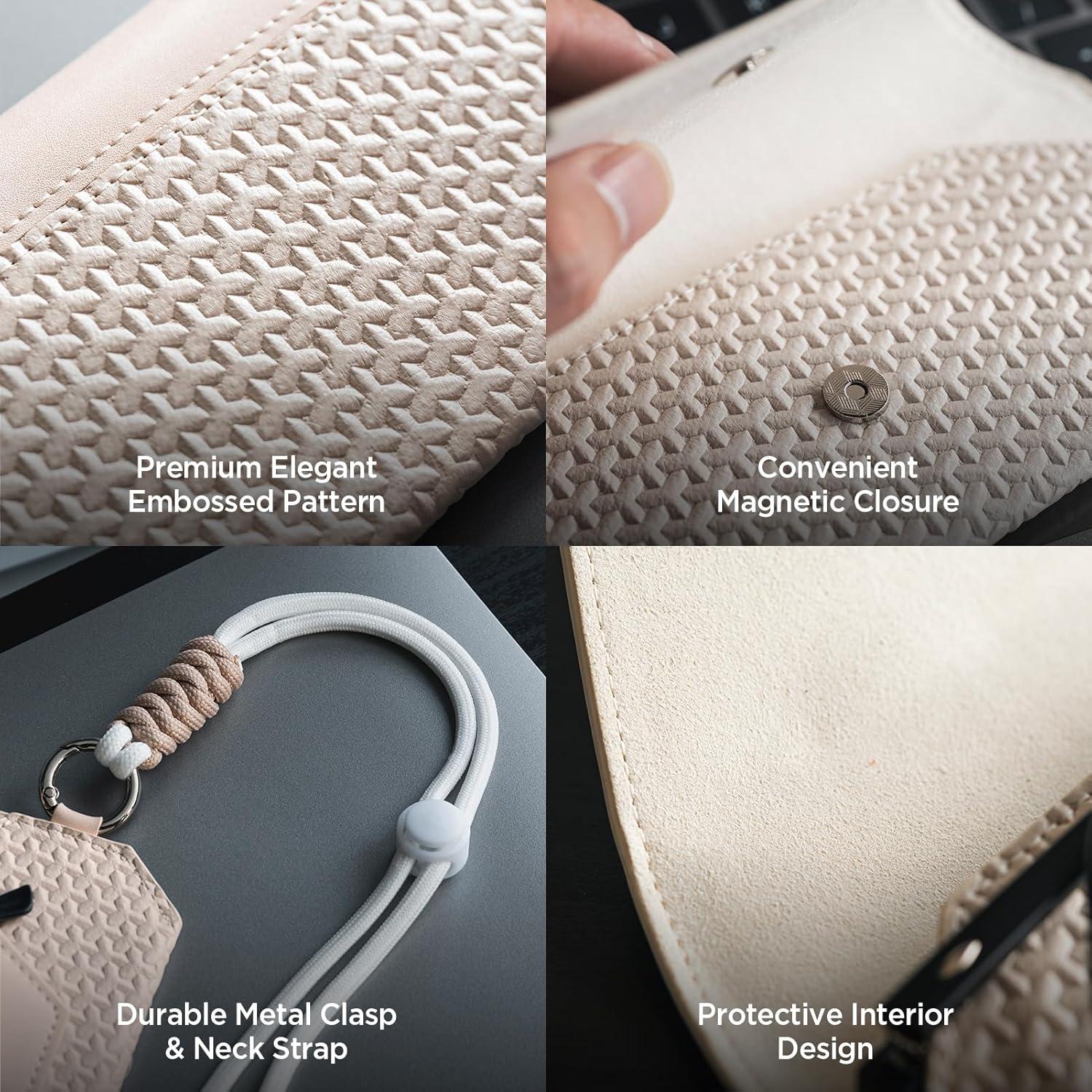 image:imageVULKIT Portable Leather Eye Glasses Case for Women amp Men Slim Sunglass Case Unisex Eyeglass CaseMoonstone Beige With Lanyard