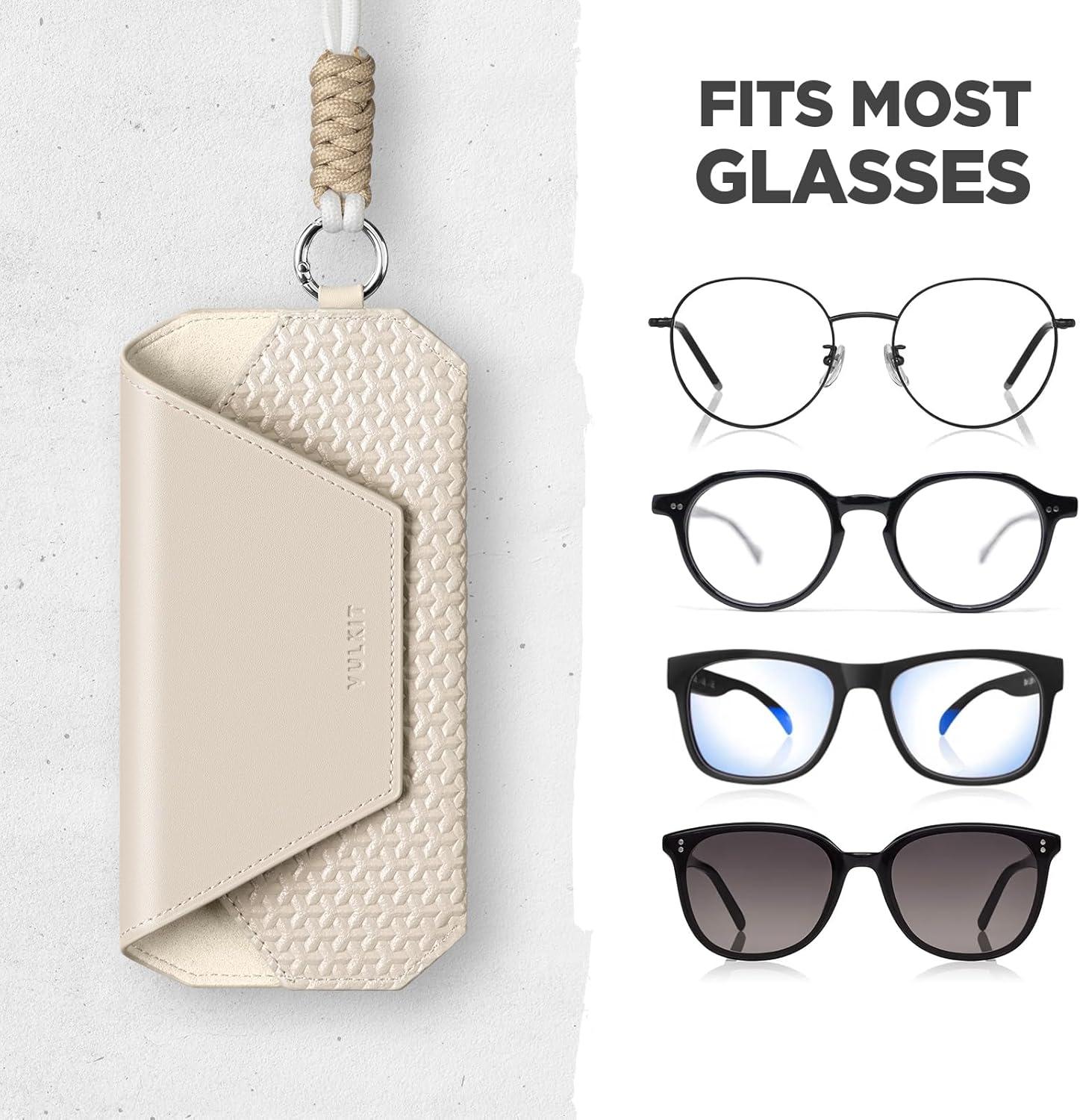 image:imageVULKIT Portable Leather Eye Glasses Case for Women amp Men Slim Sunglass Case Unisex Eyeglass CaseMoonstone Beige With Lanyard