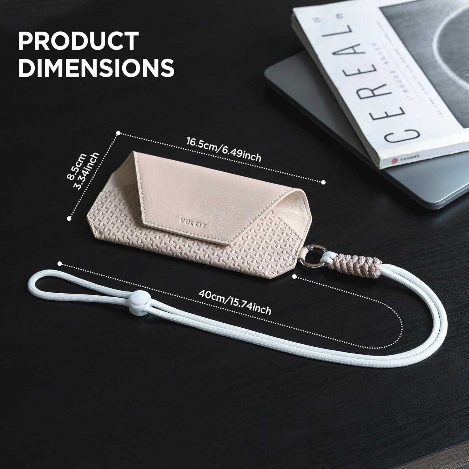 image:imageVULKIT Portable Leather Eye Glasses Case for Women amp Men Slim Sunglass Case Unisex Eyeglass CaseMoonstone Beige With Lanyard