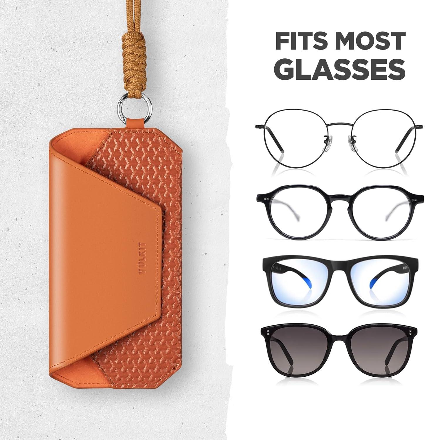 image:imageVULKIT Portable Leather Eye Glasses Case for Women amp Men Slim Sunglass Case Unisex Eyeglass CaseTangerine Rush With Lanyard