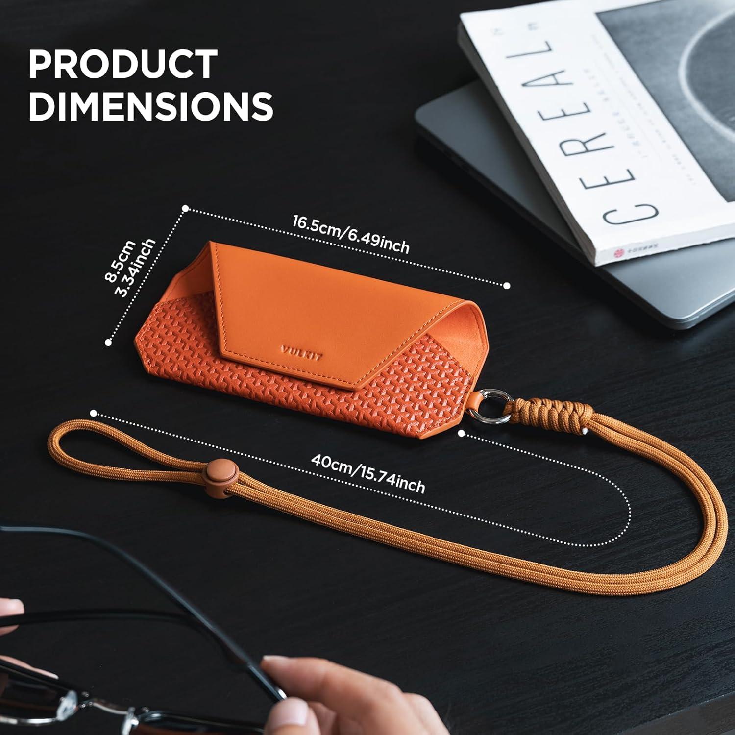 image:imageVULKIT Portable Leather Eye Glasses Case for Women amp Men Slim Sunglass Case Unisex Eyeglass CaseTangerine Rush With Lanyard
