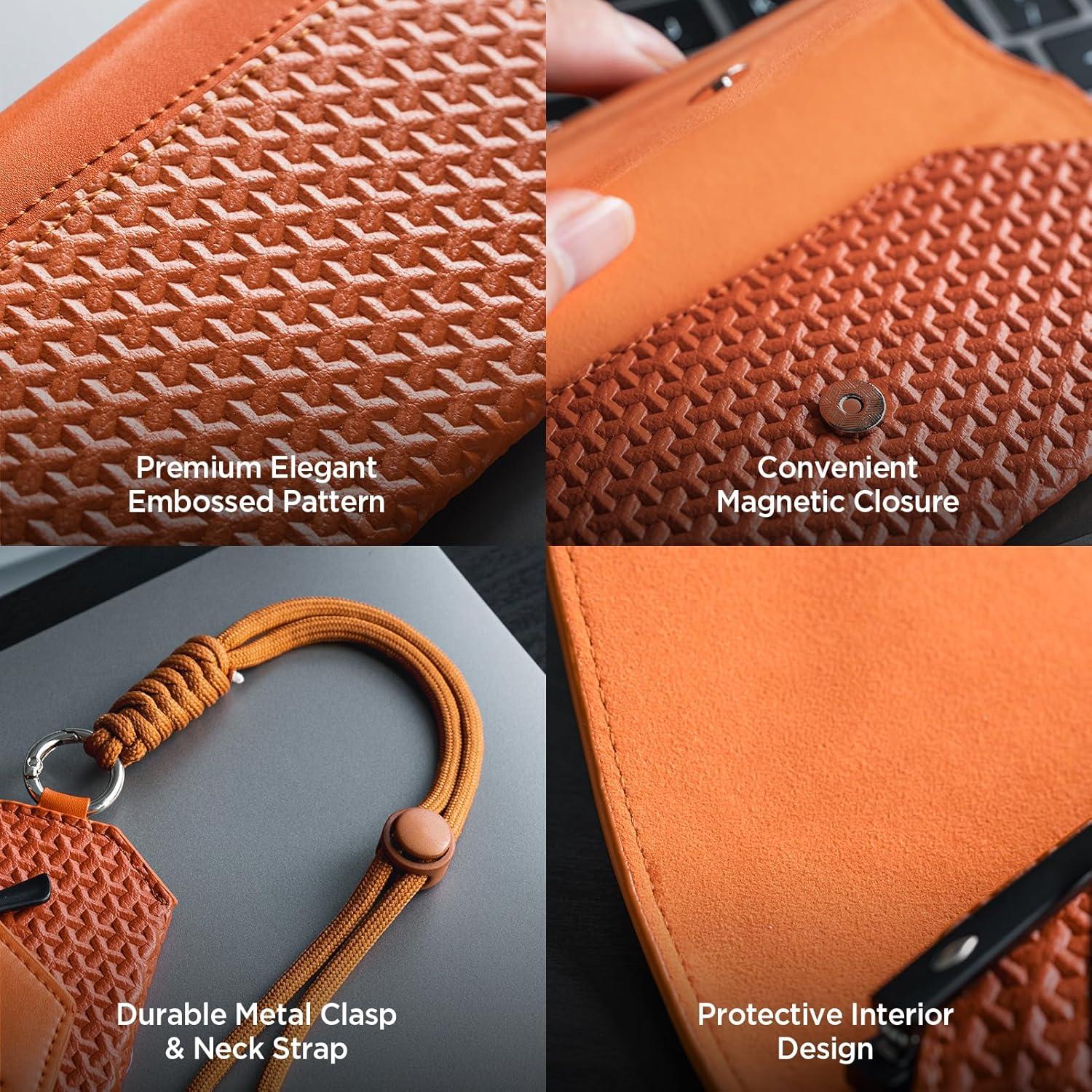 image:imageVULKIT Portable Leather Eye Glasses Case for Women amp Men Slim Sunglass Case Unisex Eyeglass CaseTangerine Rush With Lanyard