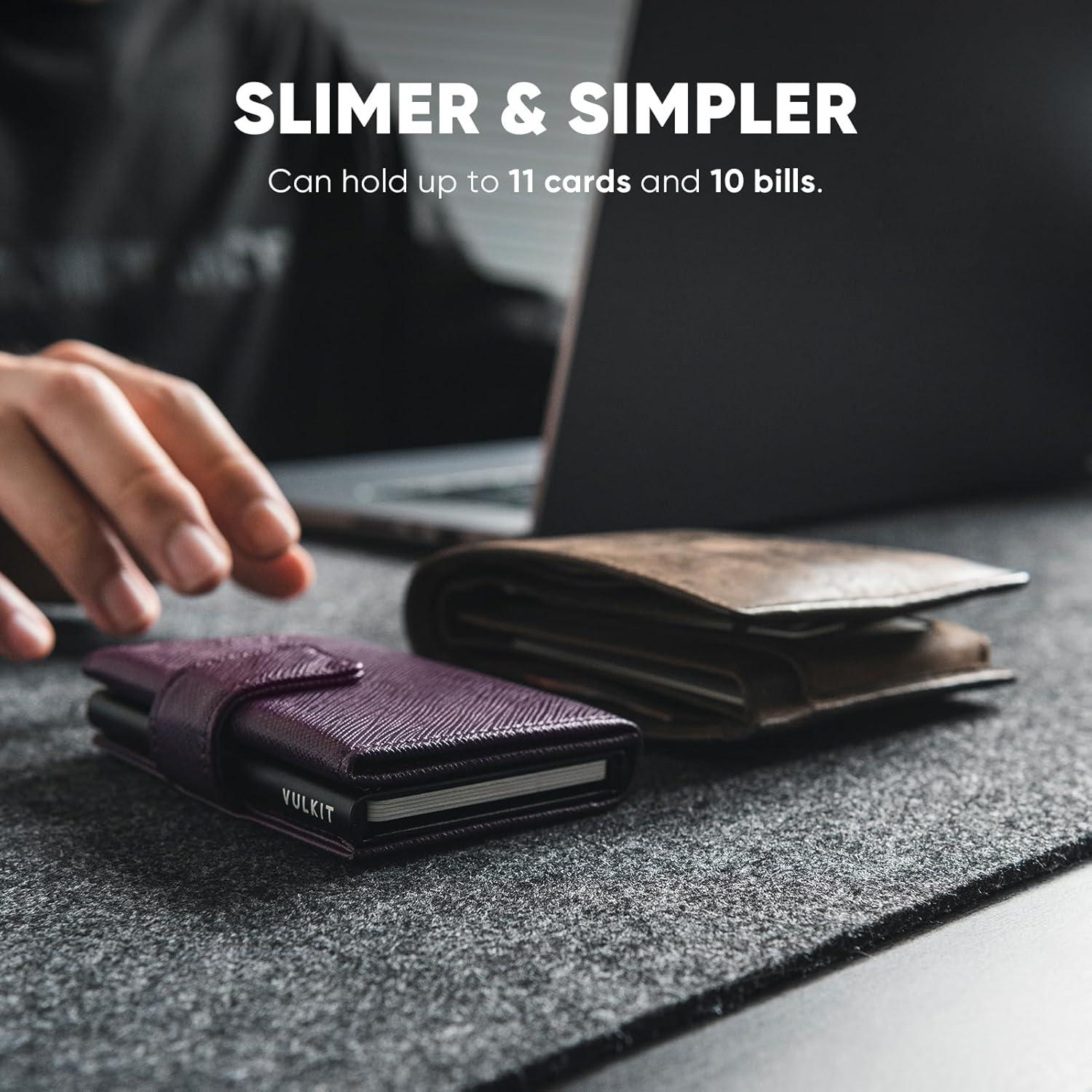 image:imageVULKIT RFID Card Wallet for Men Slim Compact Mens Wallet Leather RFID Blocking Credit Card Holder Wallet Trifold Thin Metal Security Pop Up Wallet Gift Box PackingCross Wine