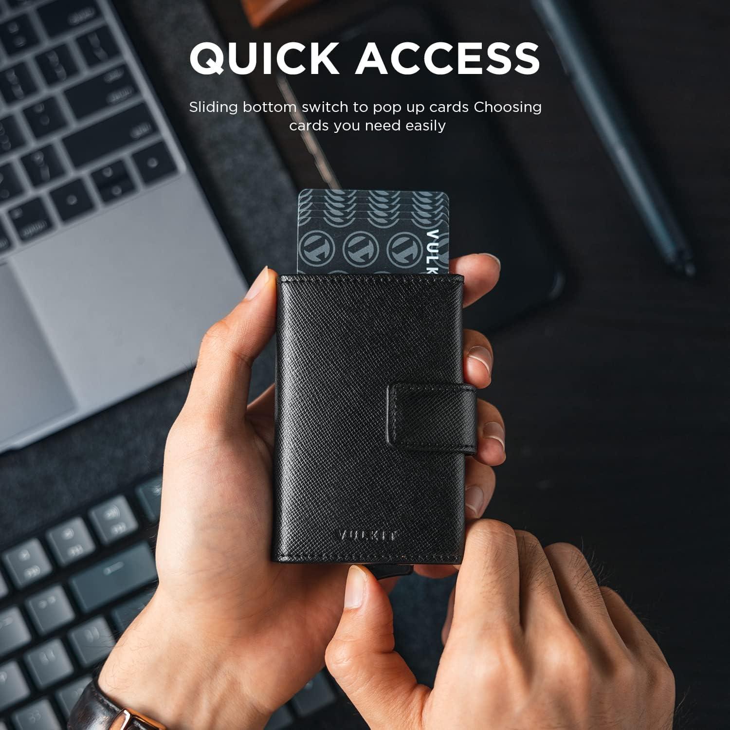 image:imageVULKIT RFID Card Wallet for Men Slim Compact Mens Wallet Leather RFID Blocking Credit Card Holder Wallet Trifold Thin Metal Security Pop Up Wallet Gift Box PackingCross Black