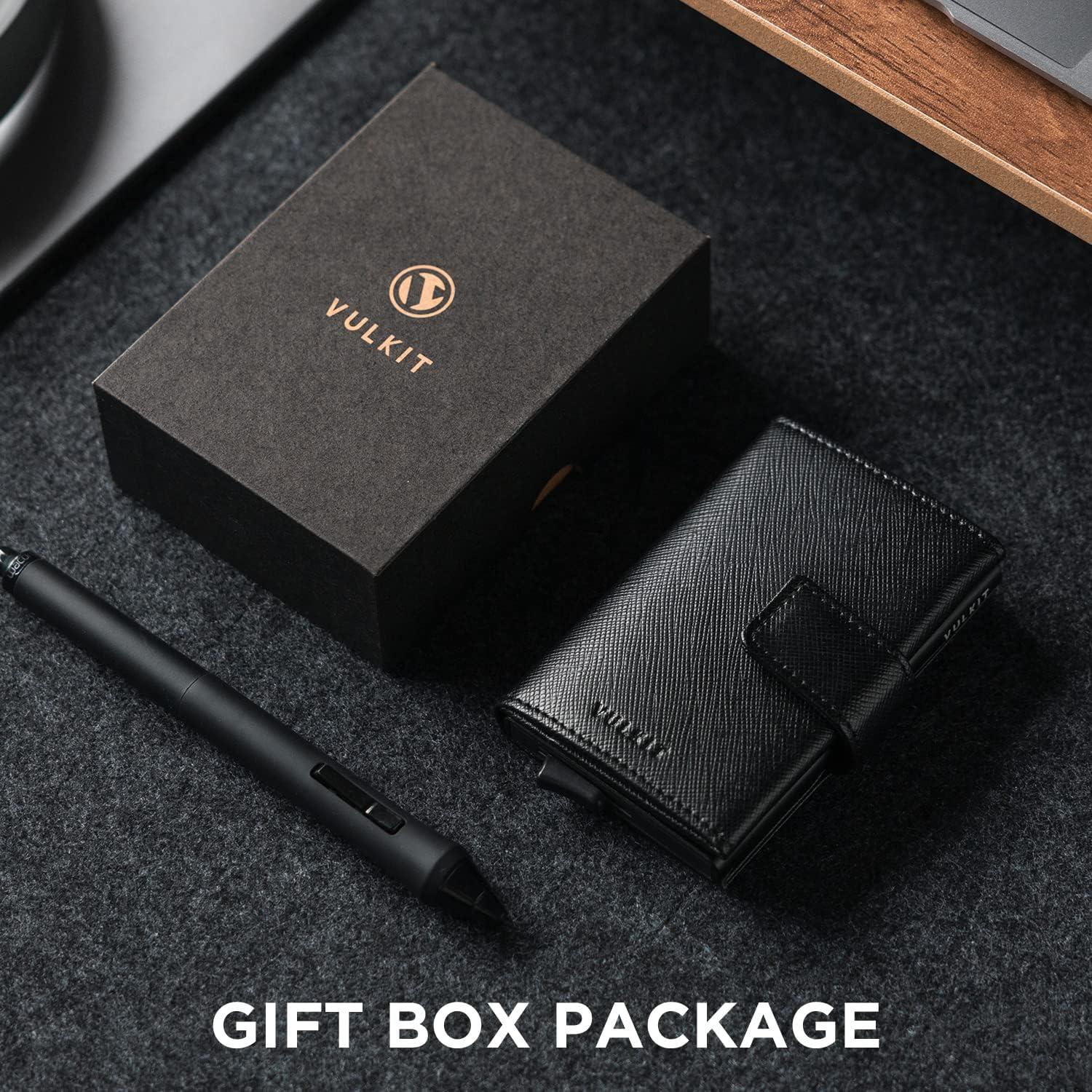 image:imageVULKIT RFID Card Wallet for Men Slim Compact Mens Wallet Leather RFID Blocking Credit Card Holder Wallet Trifold Thin Metal Security Pop Up Wallet Gift Box PackingCross Black