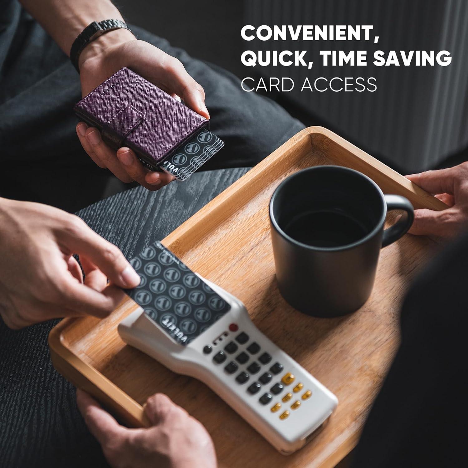 image:imageVULKIT RFID Card Wallet for Men Slim Compact Mens Wallet Leather RFID Blocking Credit Card Holder Wallet Trifold Thin Metal Security Pop Up Wallet Gift Box PackingCross Wine