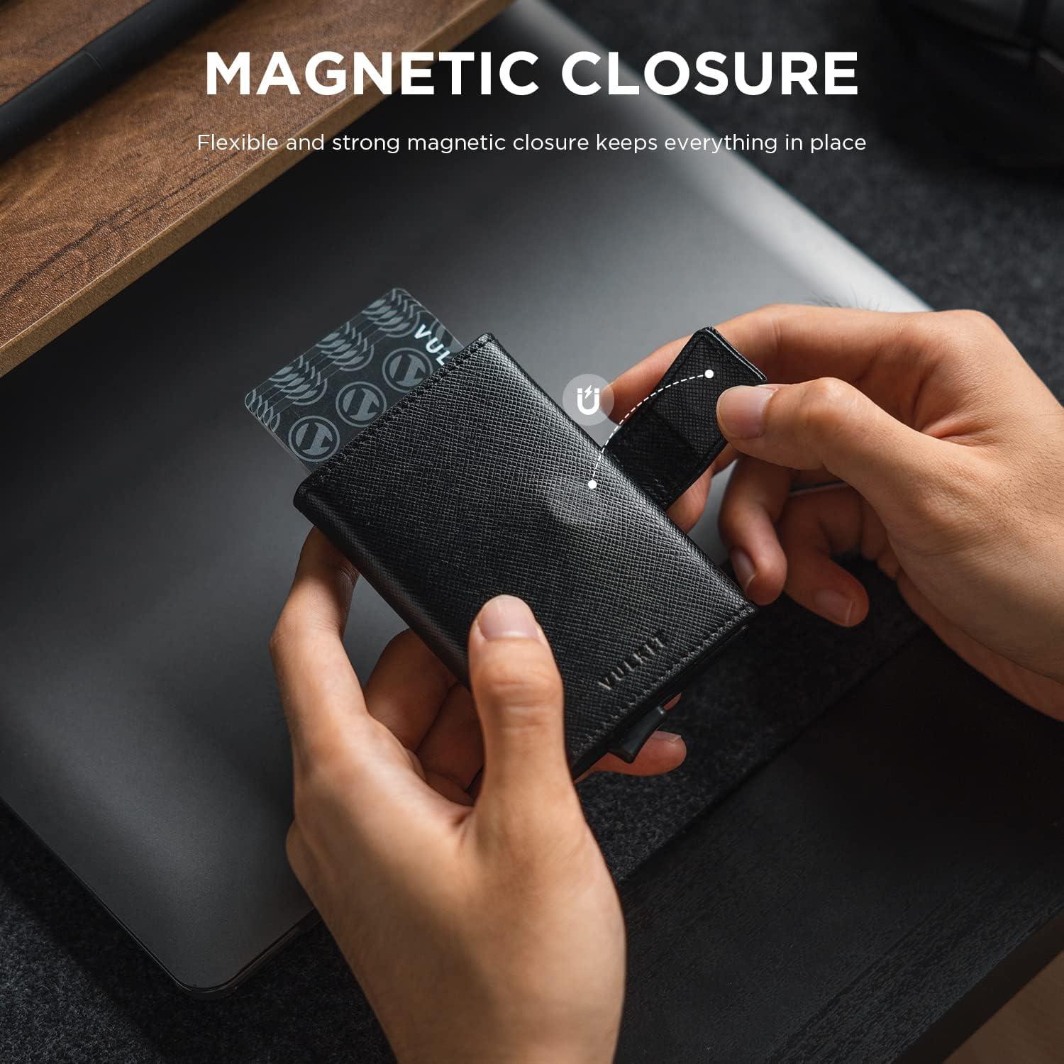image:imageVULKIT RFID Card Wallet for Men Slim Compact Mens Wallet Leather RFID Blocking Credit Card Holder Wallet Trifold Thin Metal Security Pop Up Wallet Gift Box PackingCross Black