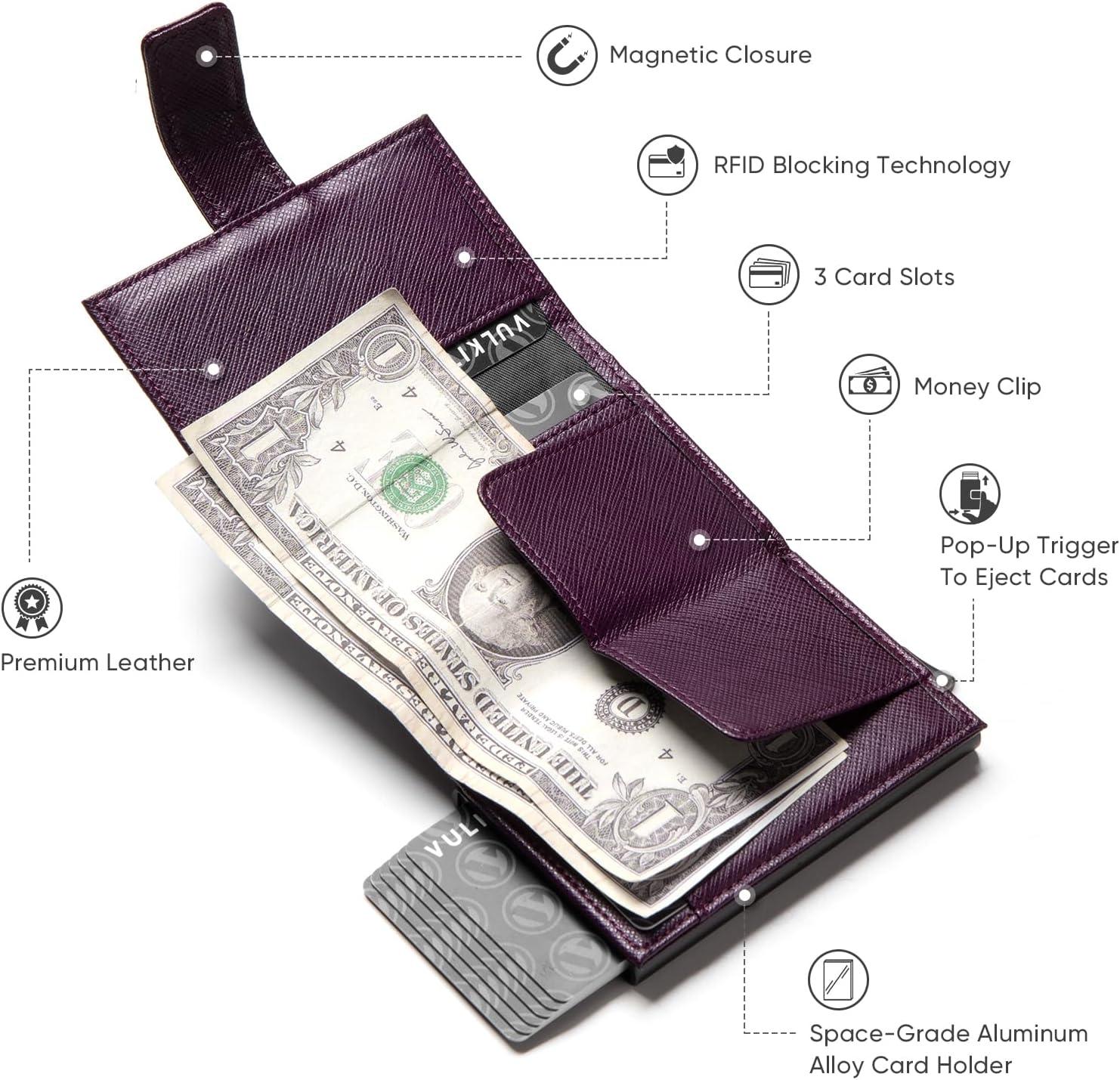 image:imageVULKIT RFID Card Wallet for Men Slim Compact Mens Wallet Leather RFID Blocking Credit Card Holder Wallet Trifold Thin Metal Security Pop Up Wallet Gift Box PackingCross Wine