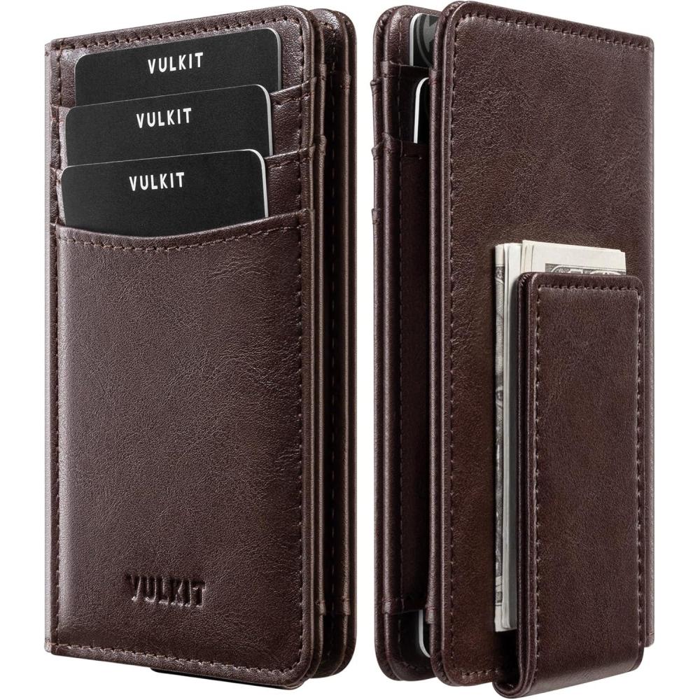 image:imageVULKIT Bifold Slim Wallet for Men RFID Blocking Leather Front Pocket Wallet Holds 11 Cards with Magnetic Money Clip Magnetic Closure BrownCoffee Brown