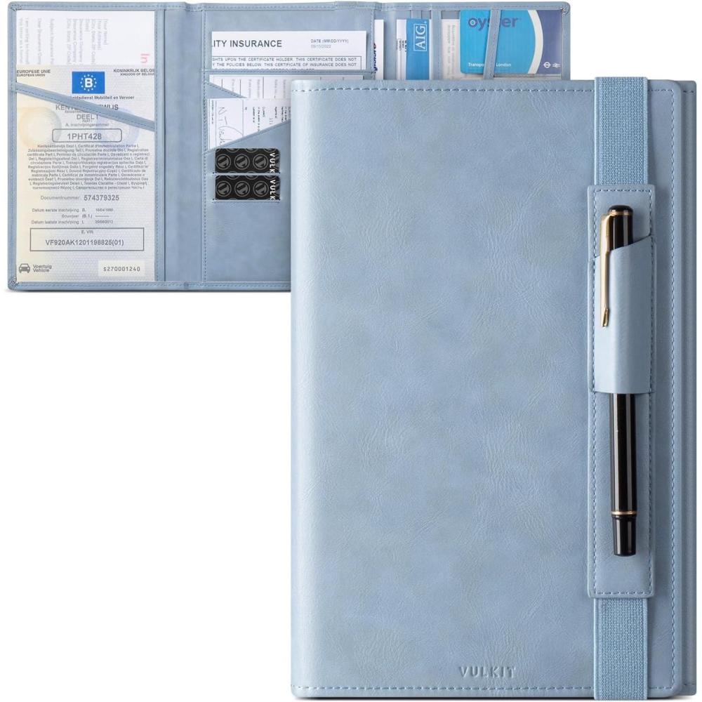 image:imageVULKIT Car Registration and Insurance Card Holder Vehicle Glove Box Organizer Leather Trifold Design for Car Keys ID Holder Essential Documents BlueBlue