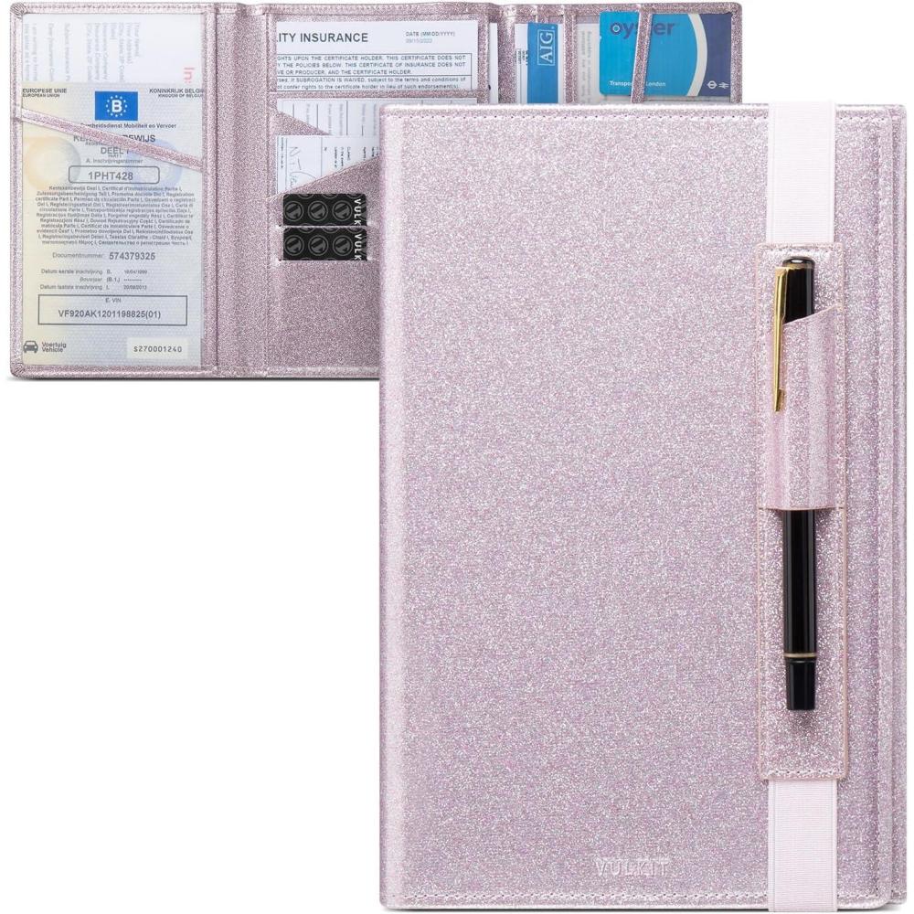 image:imageVULKIT Car Registration and Insurance Card Holder Vehicle Glove Box Organizer Leather Trifold Design for Car Keys ID Holder Essential Documents BluePink