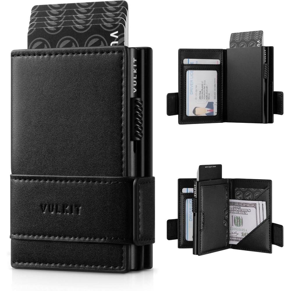 image:imageVULKIT Card Holder Bifold Pop Up Leather Wallet for Men RFID Blocking Metal Card Case Holds 9 Cards and Banknotes EspressoBlack