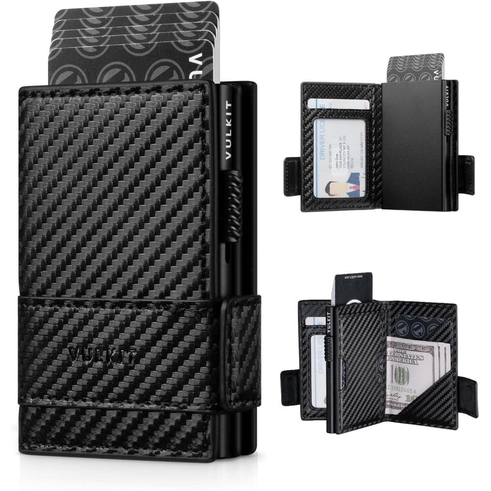 image:imageVULKIT Card Holder Bifold Pop Up Leather Wallet for Men RFID Blocking Metal Card Case Holds 9 Cards and Banknotes EspressoCarbon Fiber Black