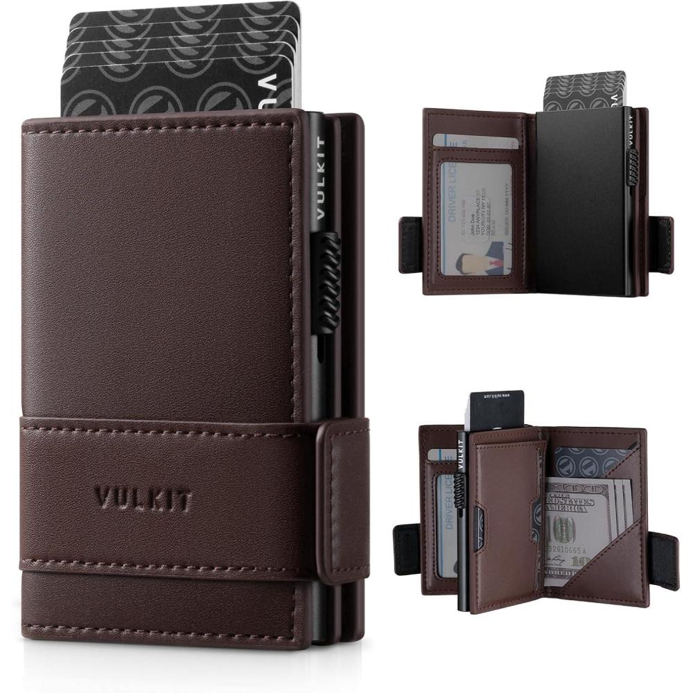 image:imageVULKIT Card Holder Bifold Pop Up Leather Wallet for Men RFID Blocking Metal Card Case Holds 9 Cards and Banknotes EspressoEspresso