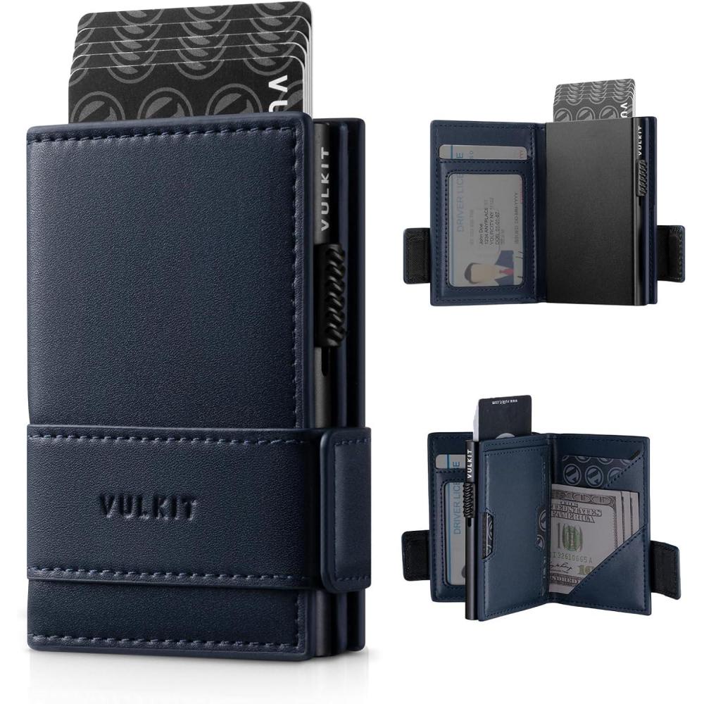 image:imageVULKIT Card Holder Bifold Pop Up Leather Wallet for Men RFID Blocking Metal Card Case Holds 9 Cards and Banknotes EspressoNavy