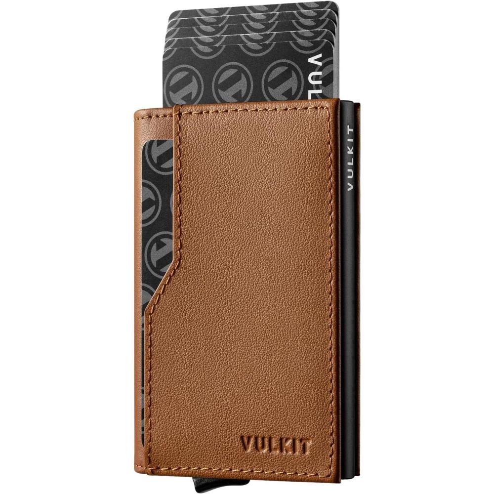 image:imageVULKIT Card Holder Wallet with Double ID Windows RFID Blocking Pop Up Wallet Minimalist Design for 12 CardsNappa Brown