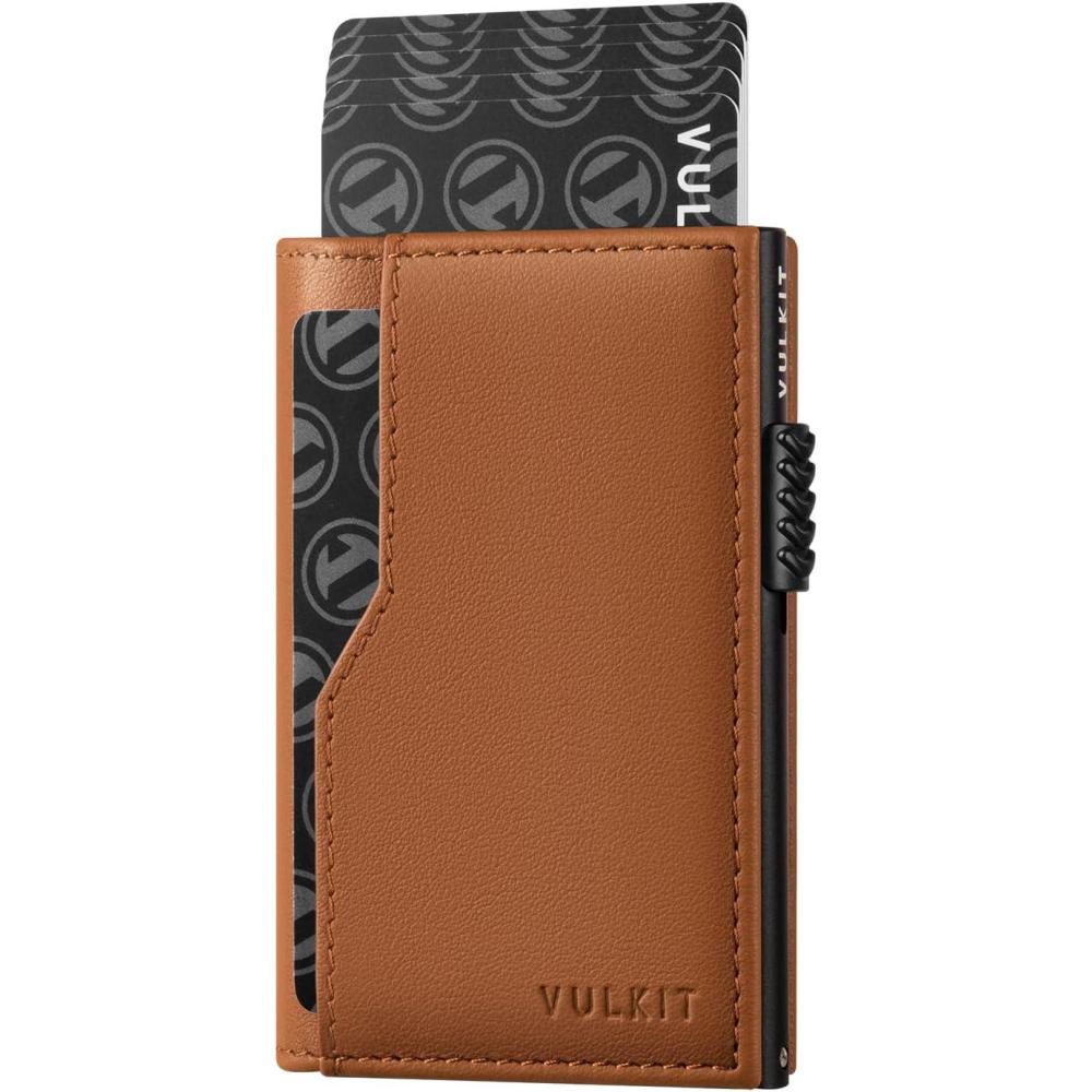 image:imageVULKIT Card Holder Wallet with Double ID Windows RFID Blocking Pop Up Wallet Minimalist Design for 12 CardsTop Grain Cowhide Brown