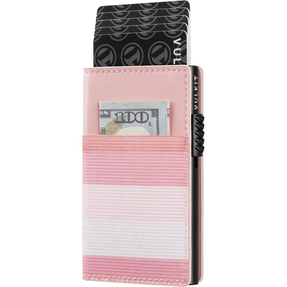 image:imageVULKIT Card Holder for Men or Women Slim Card Wallet Minimalist Bifold Credit Card Holder RFID Blocking Pop Up Metal Card Case Magnetic Closure Stripe BlueStripe Pink
