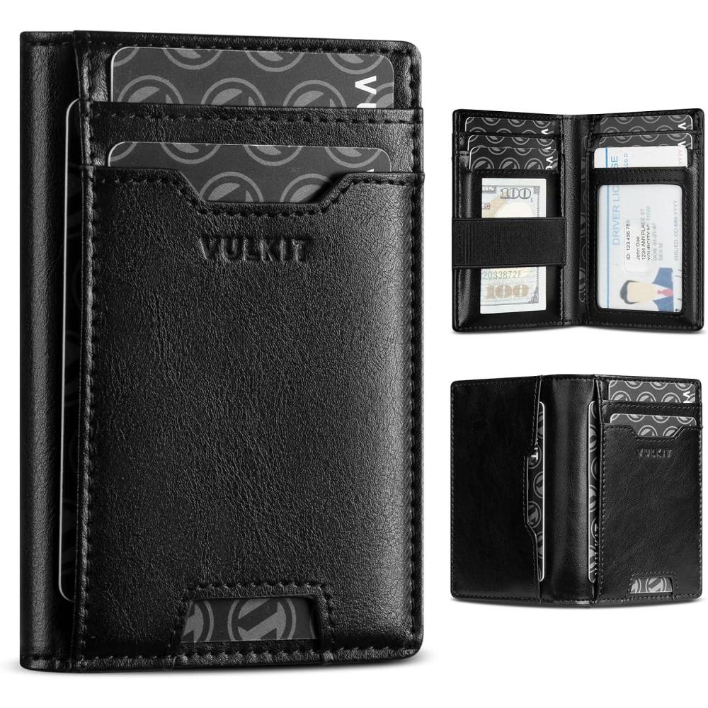 image:imageVULKIT Credit Card Holder RFID Blocking Slim Leather Front Pocket Mens Wallet Bank Card Holder Quick Access with 10 Slot and Money Band for Bills or Receipt PalmSize Wallet Black 109 x 73 x 16Black