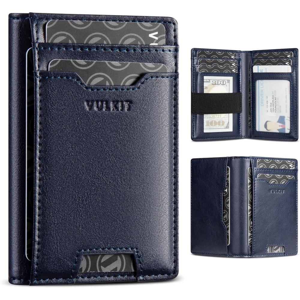 image:imageVULKIT Credit Card Holder RFID Blocking Slim Leather Front Pocket Mens Wallet Bank Card Holder Quick Access with 10 Slot and Money Band for Bills or Receipt PalmSize Wallet Black 109 x 73 x 16Navy