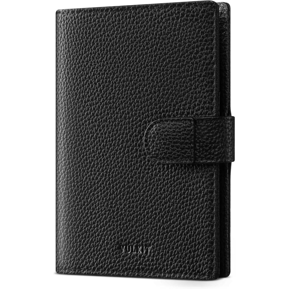 image:imageVULKIT Leather Passport Wallet for 2 Passports Slim Double Passport Holder RFID Blocking Passport Travel Wallet with ID Window for WomenGrain Black