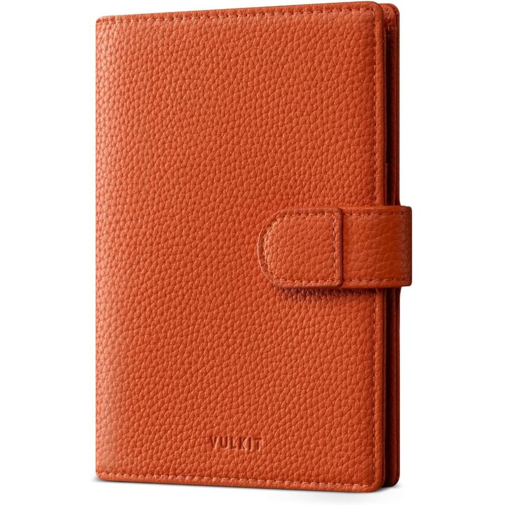 image:imageVULKIT Leather Passport Wallet for 2 Passports Slim Double Passport Holder RFID Blocking Passport Travel Wallet with ID Window for WomenGrain Orange