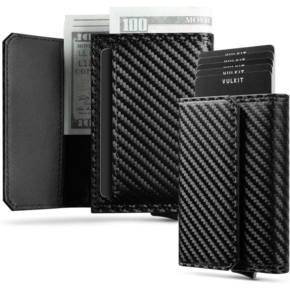 image:imageVULKIT Mens Leather Pop Up Wallet RFID Blocking with ID Window and CashBills Slot Gift Box Packed BrownCarbon Black