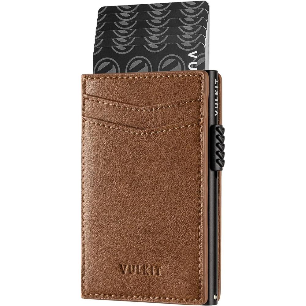 image:imageVULKIT Mens Slim Wallets Pop Up Card Holder RFID Blocking Metal Wallet Minimalist Design Holds Up to 11 CardsBrown