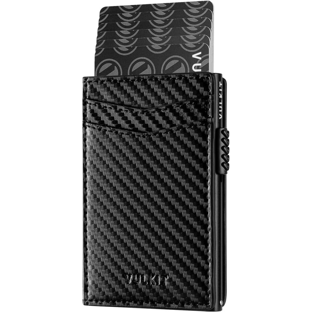 image:imageVULKIT Mens Slim Wallets Pop Up Card Holder RFID Blocking Metal Wallet Minimalist Design Holds Up to 11 CardsCarbon Fiber Black