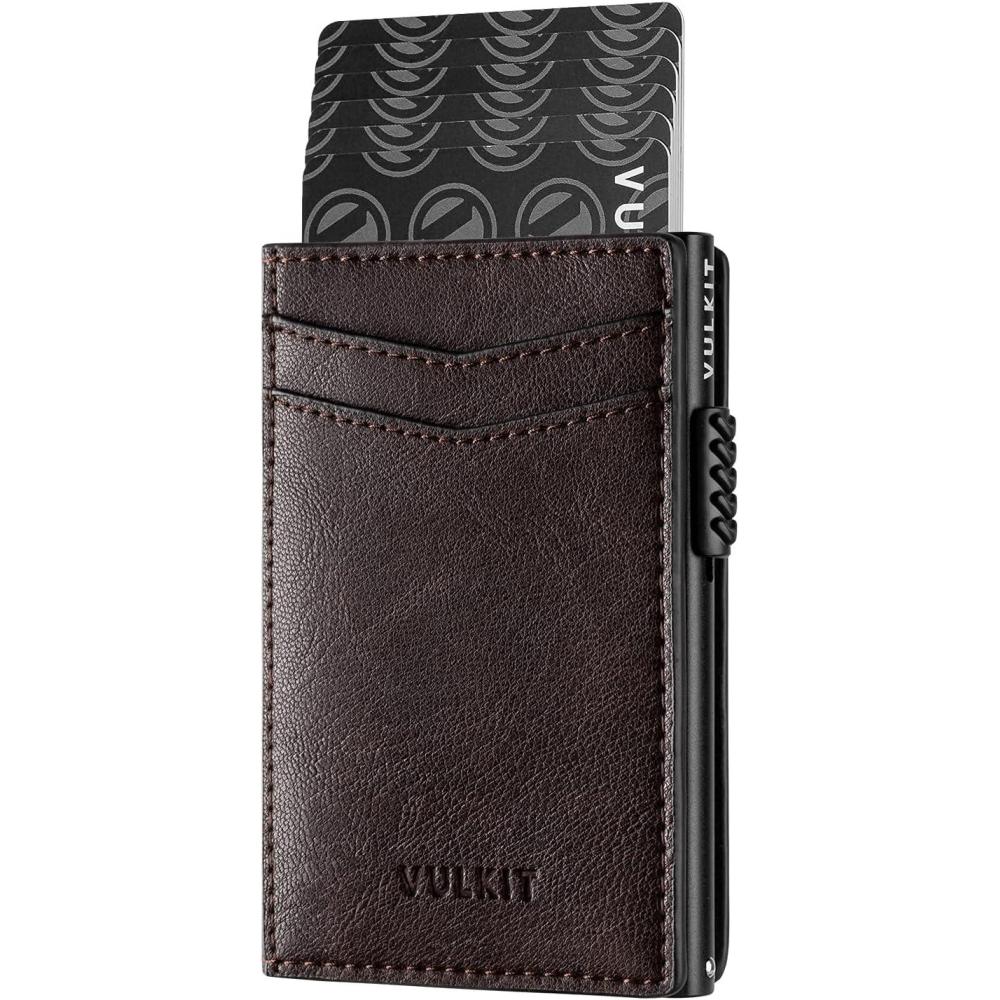 image:imageVULKIT Mens Slim Wallets Pop Up Card Holder RFID Blocking Metal Wallet Minimalist Design Holds Up to 11 CardsEspresso