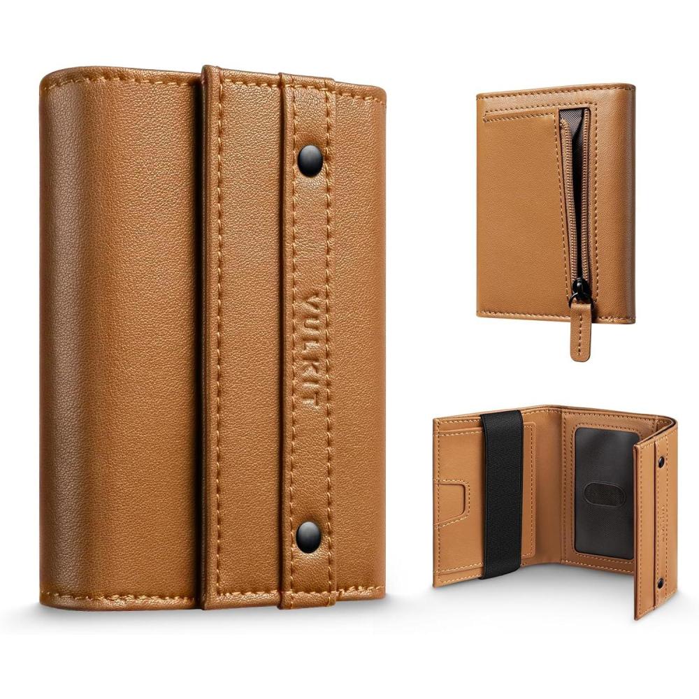 image:imageVULKIT Mens Wallet RFID Blocking Leather Compact Trifold with Zippered Coin Pocket ID Window and Business Card Holder GreenBrown
