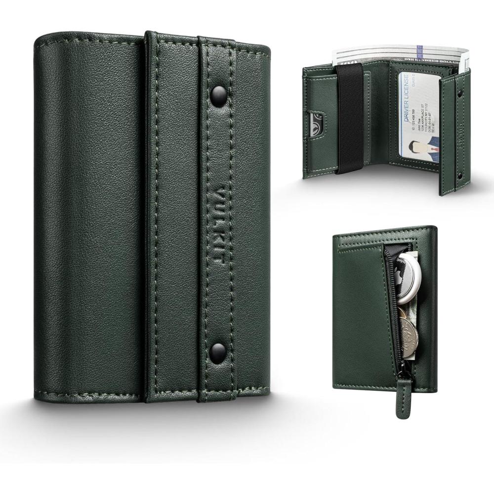image:imageVULKIT Mens Wallet RFID Blocking Leather Compact Trifold with Zippered Coin Pocket ID Window and Business Card Holder GreenGreen