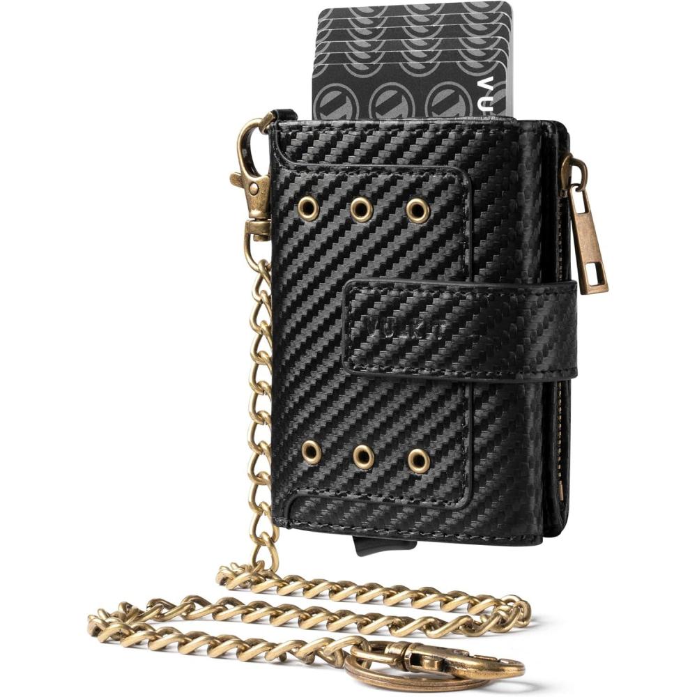 image:imageVULKIT Mens Wallet RFID Protected with Chain POP UP Credit Card Ejector Case ID Window Zipper Pocket for Coins and Compartment for BillsBanknotes Carbon BlackCarbon Black