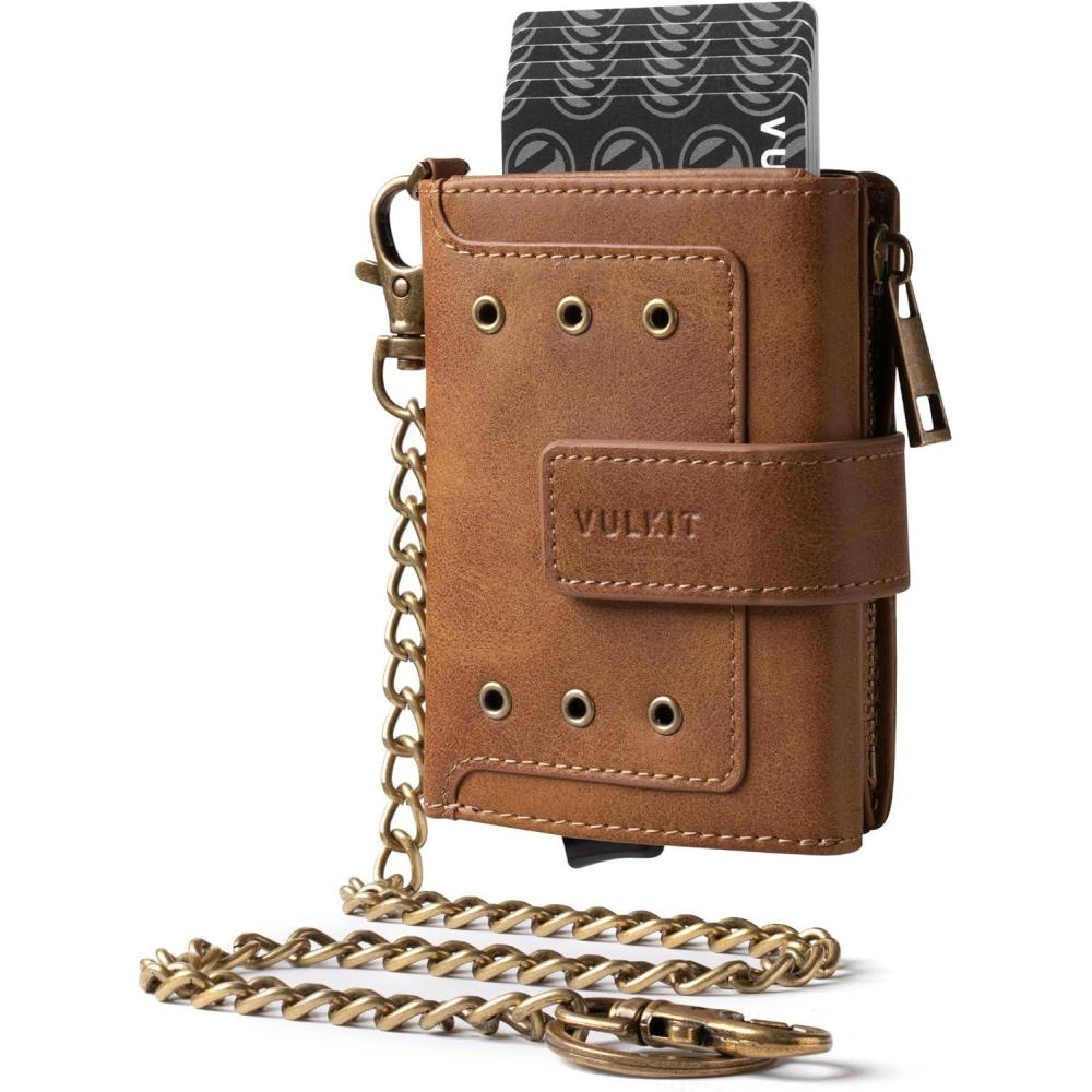 image:imageVULKIT Mens Wallet RFID Protected with Chain POP UP Credit Card Ejector Case ID Window Zipper Pocket for Coins and Compartment for BillsBanknotes Carbon BlackBrown