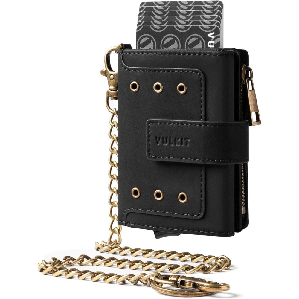 image:imageVULKIT Mens Wallet RFID Protected with Chain POP UP Credit Card Ejector Case ID Window Zipper Pocket for Coins and Compartment for BillsBanknotes Carbon BlackMatt Black