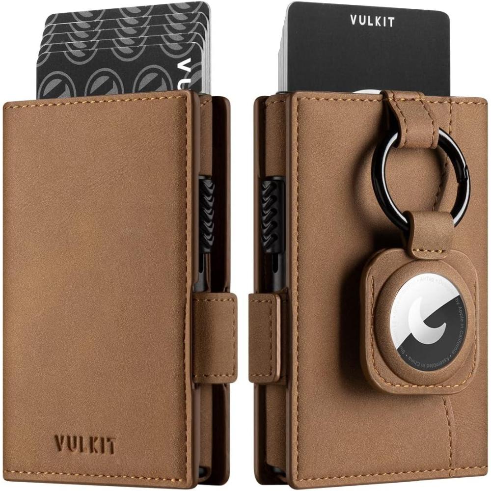image:imageVULKIT Mens Wallet with Key Ring amp Airtag Holder Leather Pop Up Card Holder RFID Blocking Keychain Wallet Cash CompartmentAmber Brown