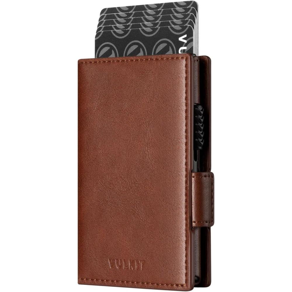 image:imageVULKIT Mens Wallet with Key Ring amp Airtag Holder Leather Pop Up Card Holder RFID Blocking Keychain Wallet Cash CompartmentBrown