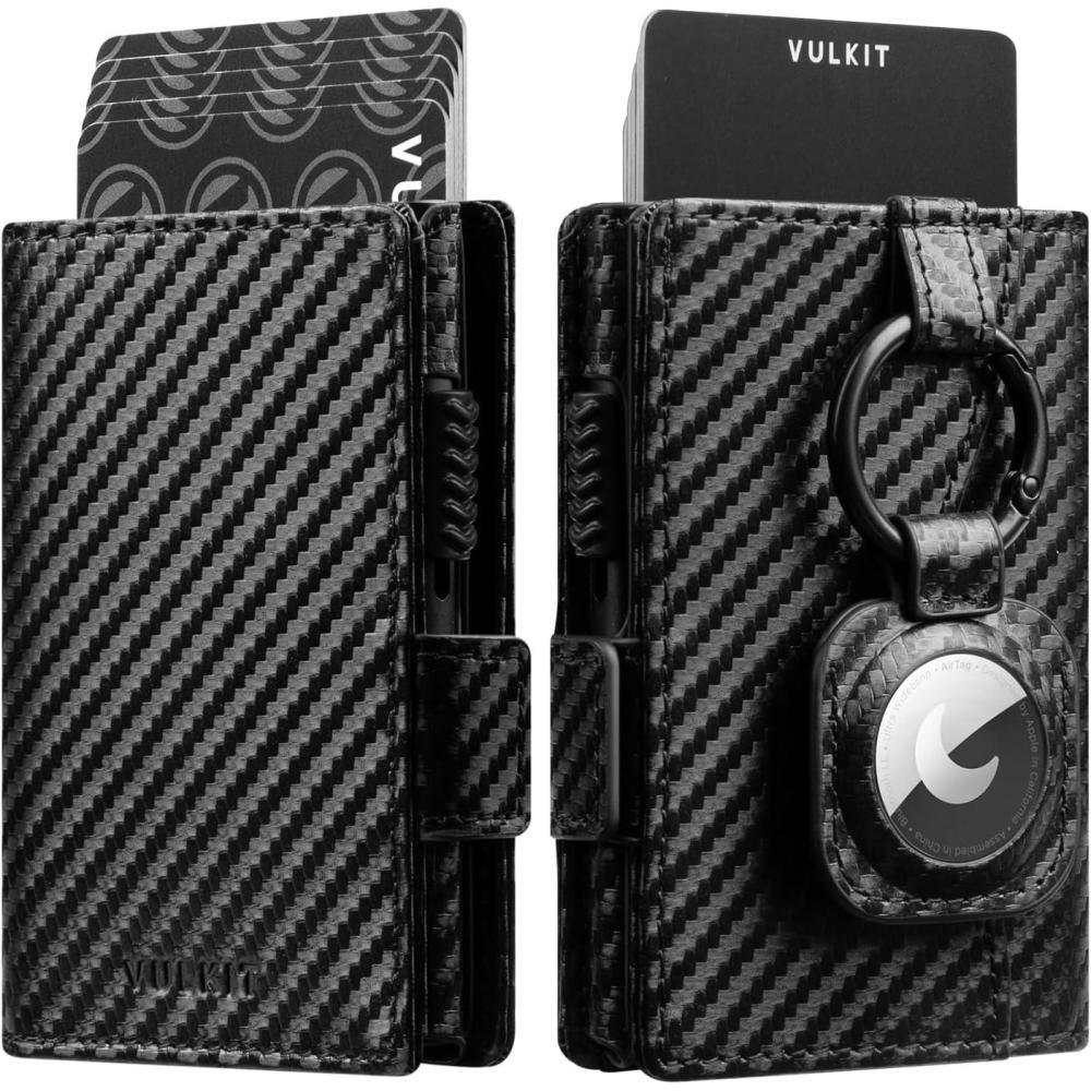 image:imageVULKIT Mens Wallet with Key Ring amp Airtag Holder Leather Pop Up Card Holder RFID Blocking Keychain Wallet Cash CompartmentCarbon Fiber Black
