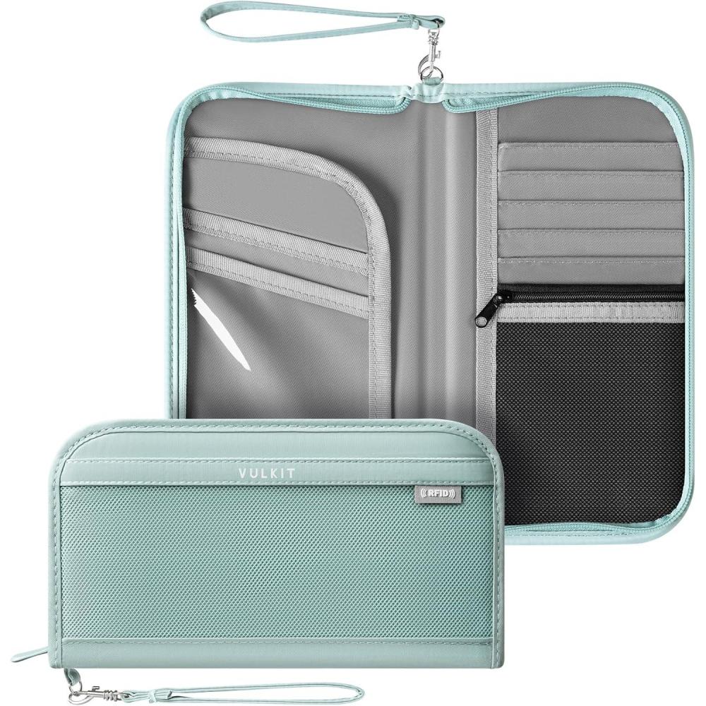 image:imageVULKIT Passport Wallet Passport Family Holder RFID Blocking Travel Card Organizer with Wrist Strap for Men or WomenGreenGreen