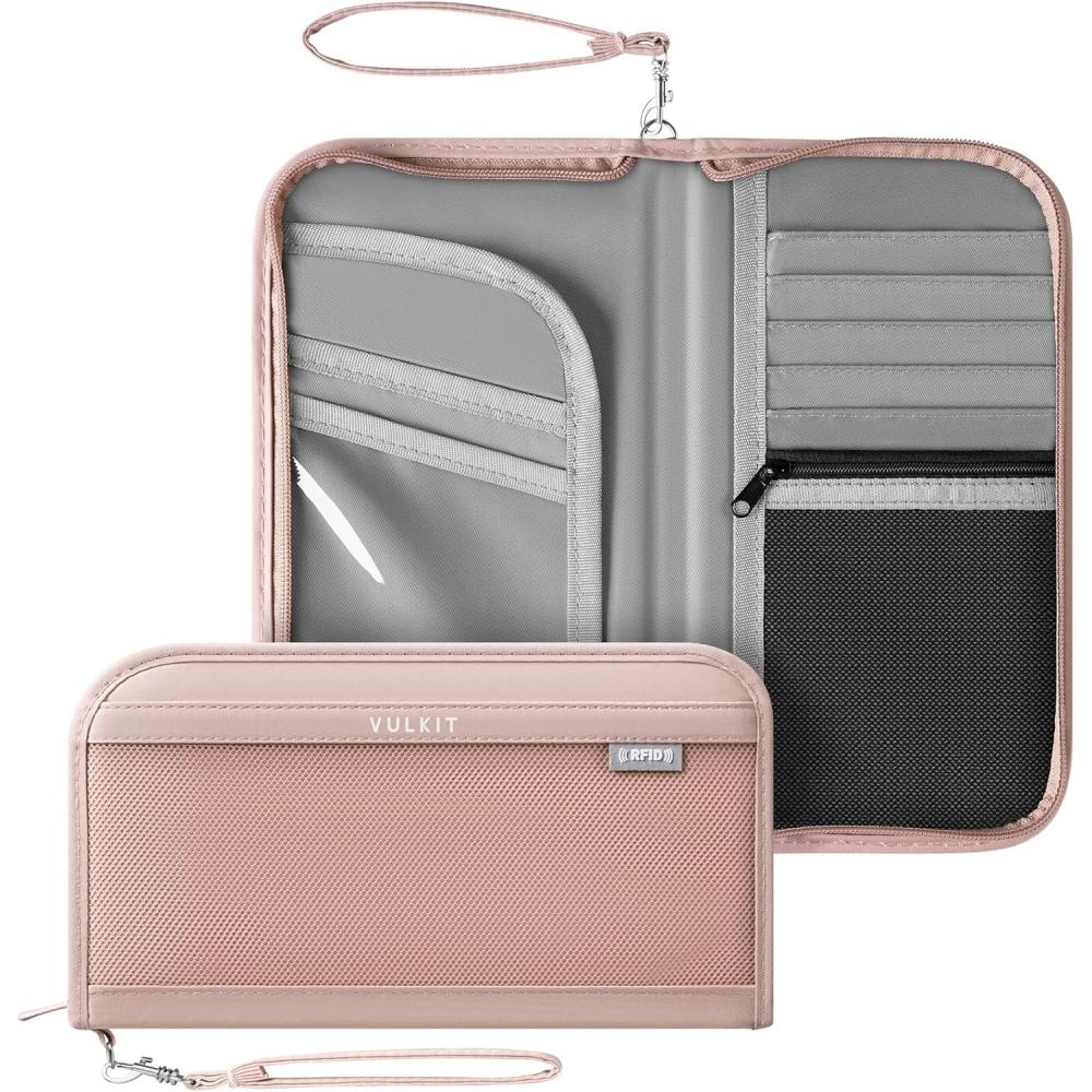 image:imageVULKIT Passport Wallet Passport Family Holder RFID Blocking Travel Card Organizer with Wrist Strap for Men or WomenGreenPink