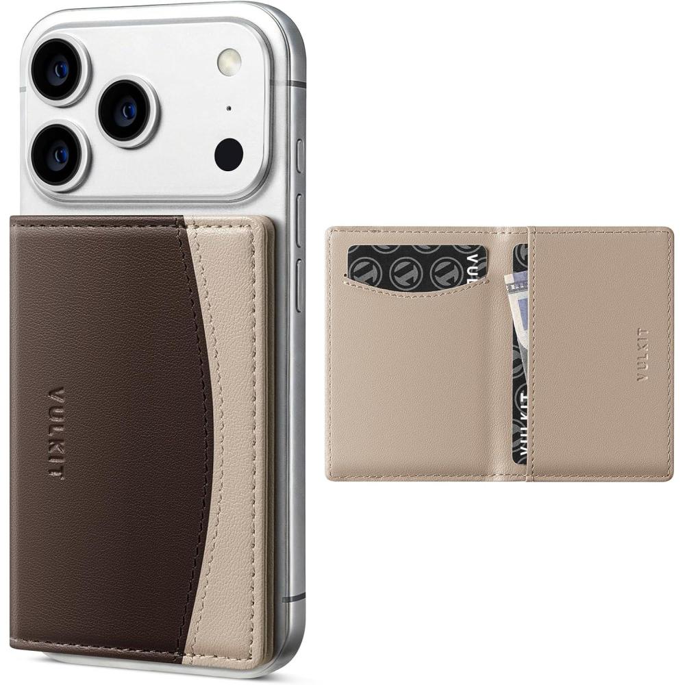 image:imageVULKIT Phone Card Holder Stick on Adhesive Credit Card Holder RFID Blocking Sticky Phone Wallet Compatible with iphone Leather Card Case for WomenCoffee Brown