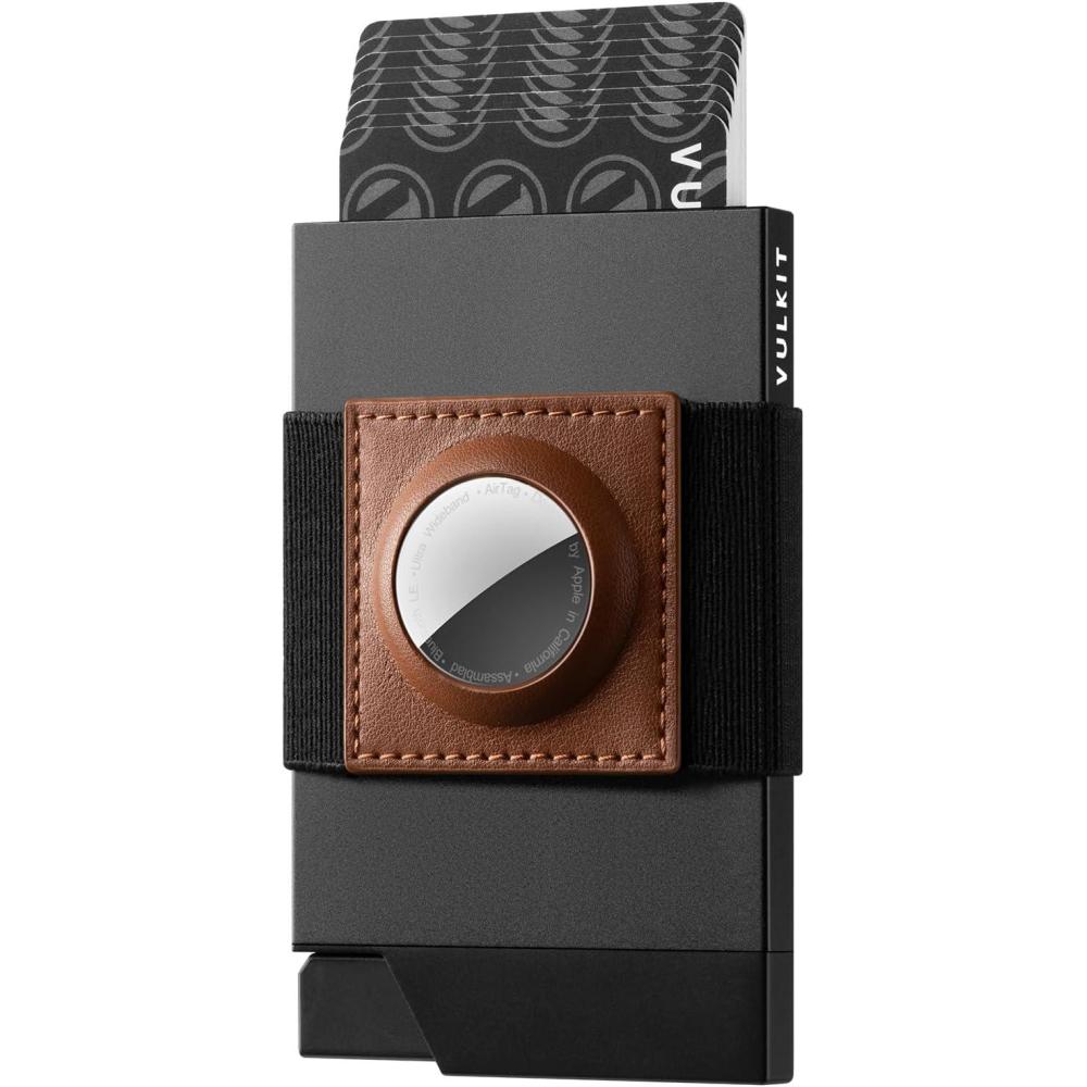 image:imageVULKIT Pop Up Card Holder With AirTag Holder Slim Aluminum Slide Wallet With Money Band and RFID Blocking Holds 12 Cards and Cash for Men and Women Space GreyBrown