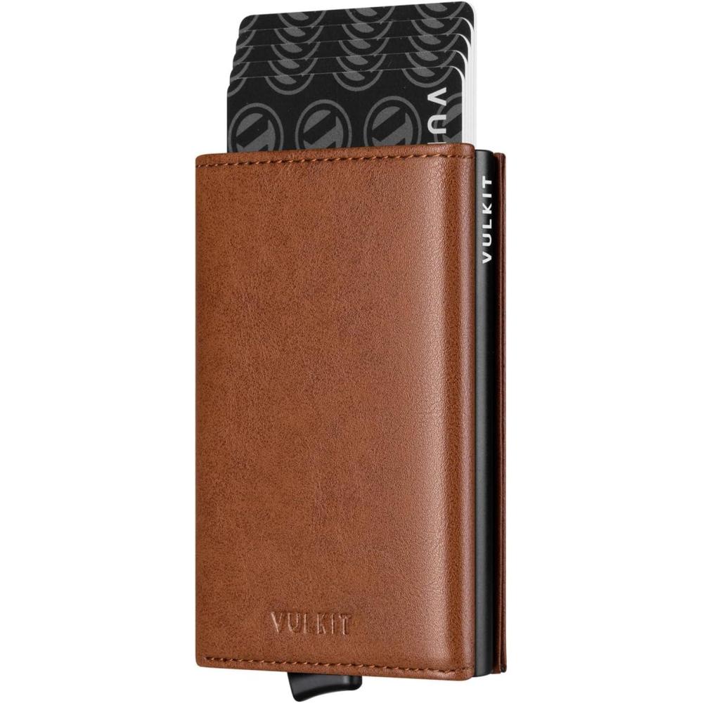 image:imageVULKIT Pop up Card Wallet Minimalist Cash Wallets RFID Blocking Leather Smart Credit Card Holder with ID window for MenBrown
