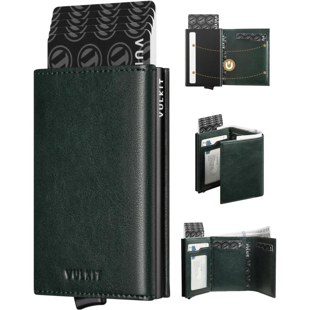 image:imageVULKIT Pop up Card Wallet Minimalist Cash Wallets RFID Blocking Leather Smart Credit Card Holder with ID window for MenGreen