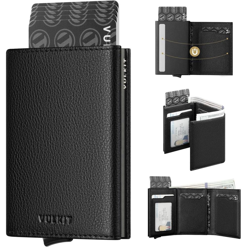 image:imageVULKIT Pop up Card Wallet Minimalist Cash Wallets RFID Blocking Leather Smart Credit Card Holder with ID window for MenTopGrain Cowhide Litchi Black